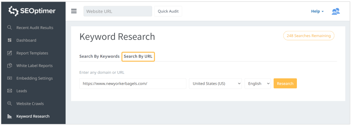 Search by URL SEOptimer Keyword Research tool